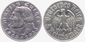 Drittes Reich - J 353 - 1933 A - Martin Luther - 5 Reichsmark - ss+