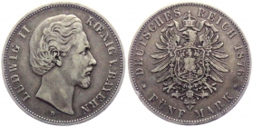 Bayern - J 42 - 1876 D - König Ludwig II. (1845-1886) - 5 Mark - ss-vz