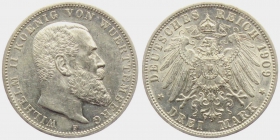 Württemberg - J 175 - 1909 F - Wilhelm II. (1891 - 1918) - 3 Mark - vz-st