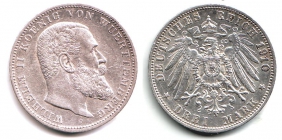 Württemberg - J 175 - 1910 F - Wilhelm II. (1891 - 1918) - 3 Mark - vz